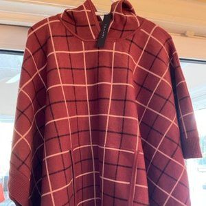 NWT Tahari Oversized Poncho Sweater Womens One Size Maroon Black Rose Plaid